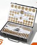 86 Piece Master Tap And Die Kit With Titanium Coating For SAE Sizes Four To Five Eighths And Metric M3 To M Sixteen All In One Threading Set For Coarse And Fine Threads Fits Holders Gauges And Metal Case
