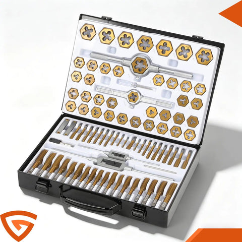 86 Piece Master Tap And Die Kit With Titanium Coating For SAE Sizes Four To Five Eighths And Metric M3 To M Sixteen All In One Threading Set For Coarse And Fine Threads Fits Holders Gauges And Metal Case