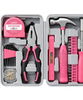 Mini Compact Pink 24 Piece Household Tool Kit With Soft Grip Handles And Slick Carry Case, includes pliers, hammer, tape measure.