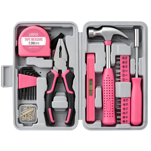 Mini Compact Pink 24 Piece Household Tool Kit With Soft Grip Handles And Slick Carry Case, includes pliers, hammer, tape measure.