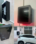Rock Solid Wall Mount EV Charger Cable Organizer Box weatherproof steel holder installed on wall next to white car.