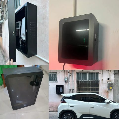 Rock Solid Wall Mount EV Charger Cable Organizer Box weatherproof steel holder installed on wall next to white car.