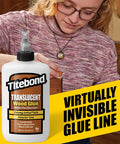 Person using 8 oz Titebond Translucent Wood Glue for nearly invisible glue lines and durable joints, woodworking project.