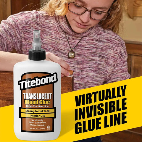 Person using 8 oz Titebond Translucent Wood Glue for nearly invisible glue lines and durable joints, woodworking project.