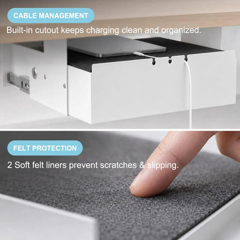 Spacious Under Desk Drawer Featuring Silky Slide Out Rails And A Rock Solid Side Lock Heavy Duty White Steel Organizer with felt protection.