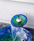 USZWBY Bathroom Vessel Sink Vanity Tempered Glass Vessel Bowl Sink Round Countertop Sink Bowl Above Counter Sink Art Basin with Waterfall Faucet, Pop Up Drain, Inlet Pipe with flowing water.
