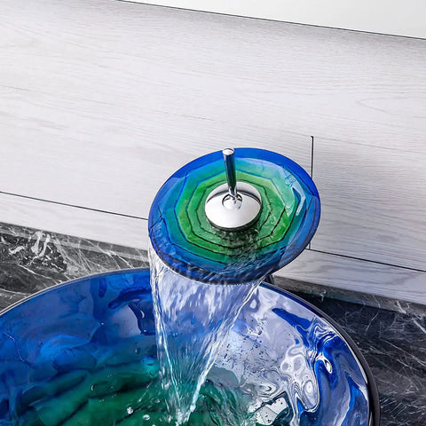 USZWBY Bathroom Vessel Sink Vanity Tempered Glass Vessel Bowl Sink Round Countertop Sink Bowl Above Counter Sink Art Basin with Waterfall Faucet, Pop Up Drain, Inlet Pipe with flowing water.