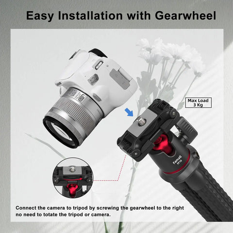 All In One Portable Camera Tripod And Flexible Phone Stand With Cold Shoe Mount For iPhone And Most Cameras, gearwheel setup with DSLR.