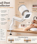 Top Tier Heavy Duty Nail Dust Collector With Crisp Led Lamp And Flexible Rotating Arm For Rapid Acrylic Sweep Ups And Clutter Free Salon Desk Setups Everyday on a manicure table.