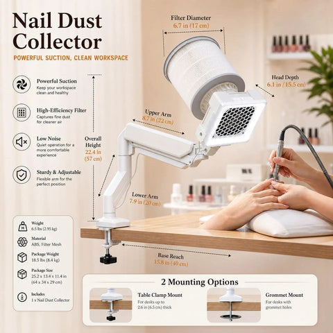 Top Tier Heavy Duty Nail Dust Collector With Crisp Led Lamp And Flexible Rotating Arm For Rapid Acrylic Sweep Ups And Clutter Free Salon Desk Setups Everyday on a manicure table.