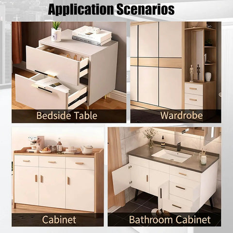 12 Inch Heavy Duty Full Extension Drawer Slides With Soft Close Ball Bearing Tough As Nails Built To Last Cold Rolled Steel Rust Resistant Mounting Screws Included For Dresser Drawers And Kitchen Cabinets shown in application scenarios: bedside table, wardrobe, cabinet, and bathroom cabinet.