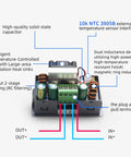 Inside view of 120W Buck Boost Power Converter with Color LCD Display showing capacitors, inductors, and terminal connections.