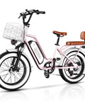 Two Seater Fat Tire Electric Bike With 1300W Peak Motor, 48V 20Ah Large Removable Battery 960Wh, Up To 80 Miles Range, 30 Plus MPH, 20 Inch By 4.0 Inch Fat Tires For Adults, Pink, side view with rear seat and front basket
