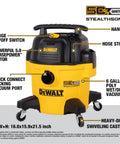Hardworking StealthSonic Wet Dry Shop Vac Six Gallon Five HP Ultra Quiet Vacuum with powerful 5.0 HP motor and swivel casters.