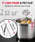 Candy Thermometer With Pot Clip, 9-Inch Long Probe inserted in pot with frying food, showing temperature scale and pot clip detail.