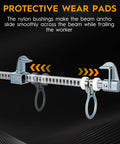 Portable Aluminum Horizontal Sliding Beam Anchor For Construction Safety Adjustable I Or H Beam Clamp With Carry Bag No Sweat Setup showing nylon bushings for smooth sliding.