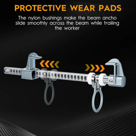 Portable Aluminum Horizontal Sliding Beam Anchor For Construction Safety Adjustable I Or H Beam Clamp With Carry Bag No Sweat Setup showing nylon bushings for smooth sliding.