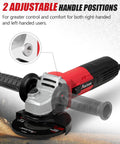 AVID POWER 4-1/2 inch angle grinder, red body with black side handle and guard (side view)
