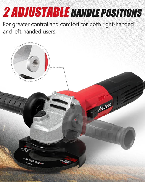 AVID POWER 4-1/2 inch angle grinder, red body with black side handle and guard (side view)