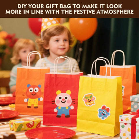 Kraft Gift Bags With Handles Bulk Pack 24 Small Party Favor Bags In 6 Colors, 5.8 By 3.2 By 8.25 Inches at kids birthday party.