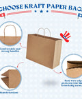 Bulk 400 Pack 16x6x12 Inch Kraft Paper Bags With Handles Reusable, showing sturdy handles and wavy edges on blue background