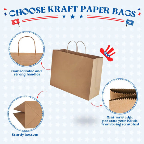 Bulk 400 Pack 16x6x12 Inch Kraft Paper Bags With Handles Reusable, showing sturdy handles and wavy edges on blue background