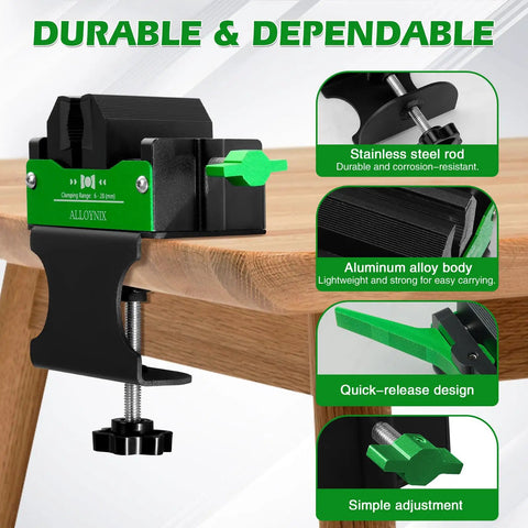 Professional Golf Club Regripping Kit With No Drill Vise Clamp And Quick Release Universal Fit 6 To 28 Millimeter Shafts Rubber Cushioned Jaws on a wooden table.
