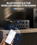 Bluetooth 5.0 stereo amplifier receiver for karaoke and home theater shown with smartphone connectivity and speaker setup.