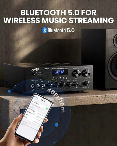 Bluetooth 5.0 stereo amplifier receiver for karaoke and home theater shown with smartphone connectivity and speaker setup.