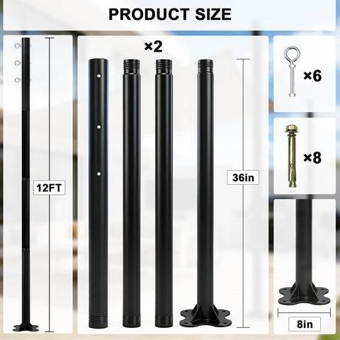 2 Pack 12 Ft Adjustable Shade Sail Poles Kit For Outdoors, Heavy Duty Rust Resistant Metal Posts, modular parts and components