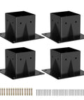 Heavy Duty 4x4 Post Brackets For Wood Posts 4 Pieces DIY Post Base Kit Easy Install For Gazebos Patio Pergolas And Log Cabins Inner Size 3.6x3.6 Powder Coated Galvanized Carbon Steel For Rust Resistance four black brackets and mounting hardware
