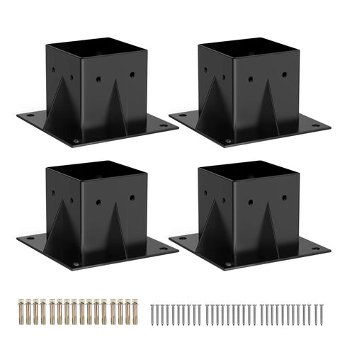 Heavy Duty 4x4 Post Brackets For Wood Posts 4 Pieces DIY Post Base Kit Easy Install For Gazebos Patio Pergolas And Log Cabins Inner Size 3.6x3.6 Powder Coated Galvanized Carbon Steel For Rust Resistance four black brackets and mounting hardware