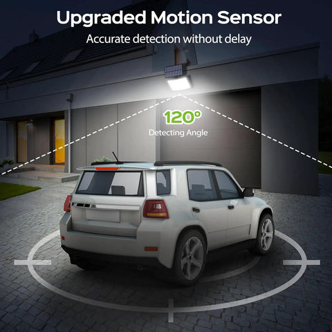 Super Bright Solar Outdoor Flood Lights 202 LEDs With 16.4 Ft Cable Remote Control Motion Sensor illuminating driveway