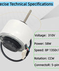 Replacement Brushless DC Motor For Inverter Mini Split AC Units 310V 58W 1350RPM CCW Rotation 5 Pin Connector image