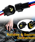 Built Tough Heavy Duty Waterproof Auto Connectors 5 Pack 3 Pin Male Female Wiring Harness close-up in vehicle engine harness.