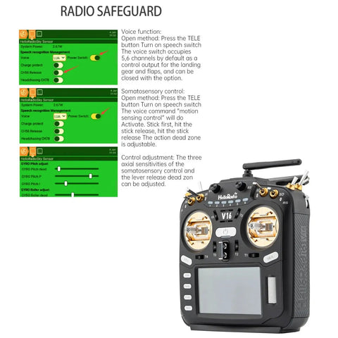 V16 Max ELRS 2.4GHz Multi Protocol 16CH FPV Transmitter with touchscreen and control settings, ideal for racing drones.