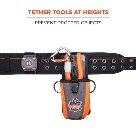 Retractable Tool Lanyard With Locking Carabiner For Belt Or Harness, Gray, ANSI ISEA 121-2018 Certified, attached to tool belt
