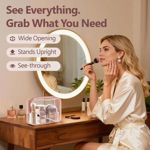 TSA Ready Travel Toiletry Bag Set, Clear Makeup Bags 3 Pack Medium on vanity next to woman applying makeup, see-through rose pink design.