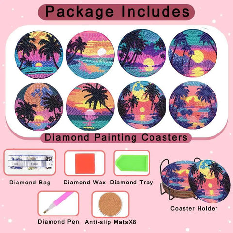 8 Piece Diamond Painting Coasters Kit With Holder For Newbies And Grown Ups, DIY landscape coaster set with pen and wax