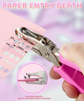 Two Pack Handheld Hole Punches With One Quarter Inch And One Eighth Inch Holes Soft Pink Grip shown punching paper
