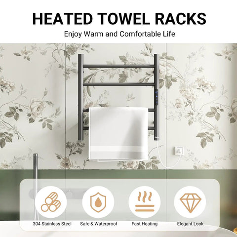 Wall-mounted 4 bar heated towel rack for bathroom, matte black electric towel warmer with timer, plug-in design.