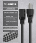 1 Foot Black Extension Cord 2 Pack Indoor Outdoor 16 Gauge 3 Prong Grounded Wire ETL Listed 13A 125V 1625W SJTW Short Power Cable