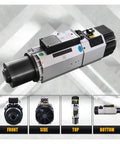 Heavy Duty 9 Kilowatt Iso30 Atc Spindle Built Like A Tank For Cnc Routers Featuring Fast Automatic Tool Change 24000Rpm Top End Speed Air Cooled Design Matched With 11Kw Vfd Drive, showing front, side, top, and bottom views.