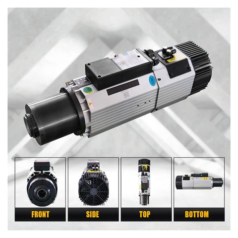 Heavy Duty 9 Kilowatt Iso30 Atc Spindle Built Like A Tank For Cnc Routers Featuring Fast Automatic Tool Change 24000Rpm Top End Speed Air Cooled Design Matched With 11Kw Vfd Drive, showing front, side, top, and bottom views.