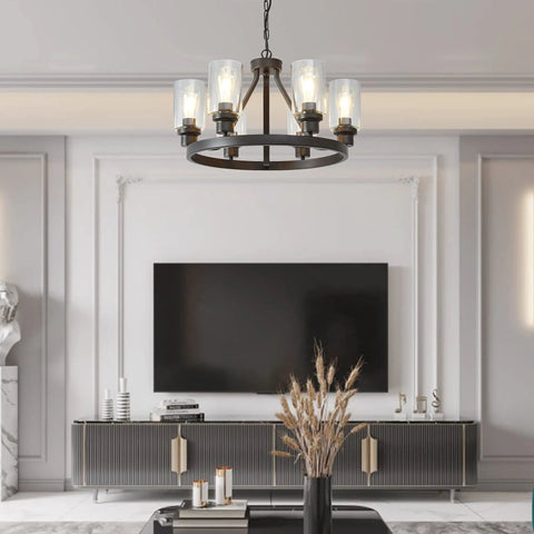 Farmhouse Round 6-Light Chandelier In Oil Rubbed Bronze With Glass Shade hanging in modern living room setting