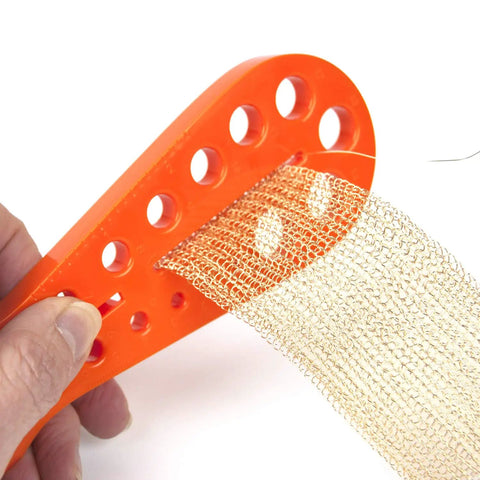 Go To Jewelry Making Kit For Beginners With A 7 Piece Wire Mesh Loom Set showing orange loom and wire mesh in use