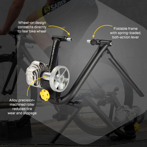 Fluid2 Indoor Bike Trainer For Road And Mountain Bikes With Realistic Road Feel And Progressive Fluid Resistance Quiet Smooth Performance Zwift Compatible Easy Setup Made In USA, featuring a foldable frame and precision roller.