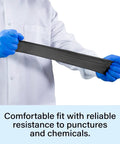 Person wearing Top-Tier Black Nitrile Disposable Gloves In A Massive 1000-Count Box, 4 Mil, stretching the gloves, showcasing flexibility.