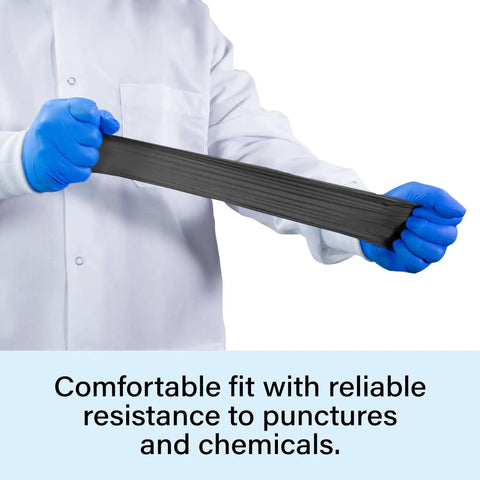 Person wearing Top-Tier Black Nitrile Disposable Gloves In A Massive 1000-Count Box, 4 Mil, stretching the gloves, showcasing flexibility.