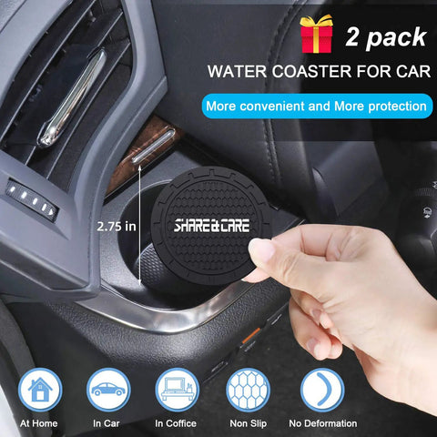 Hand placing black water coaster into car cup holder, part of Two Pack Silicone License Plate Frame For US And CA Standard Cars Front And Back Cover All Weather Rustproof And Rattleproof With Water Coasters Black set.